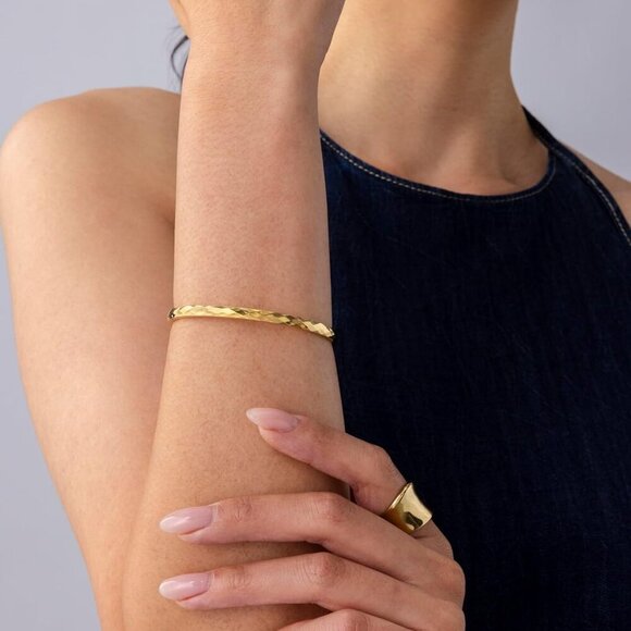 Jewelry - 14K Gold Plated Waterproof Bangle for Women Beaded Hammered Hinge Bracelet